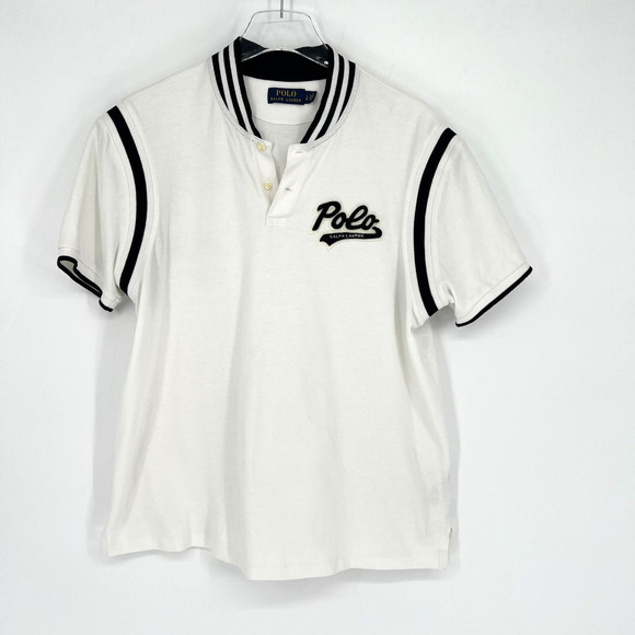 Polo Ralph Lauren Top Mens L Logo Preppy Varsity‎ Bubble Script White Classic - Picture 1 of 7